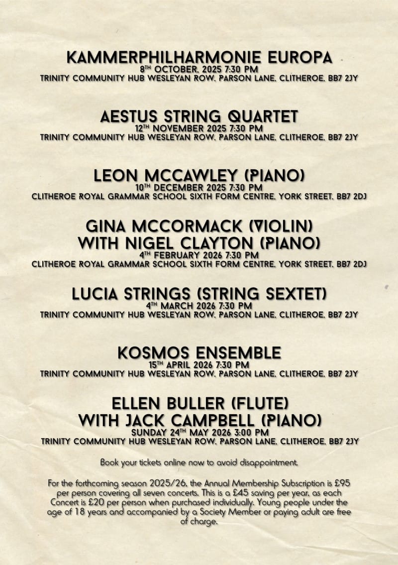 Clitheroe Concert Society, Ribble Valley, Lancashire, UK, Music, concerts